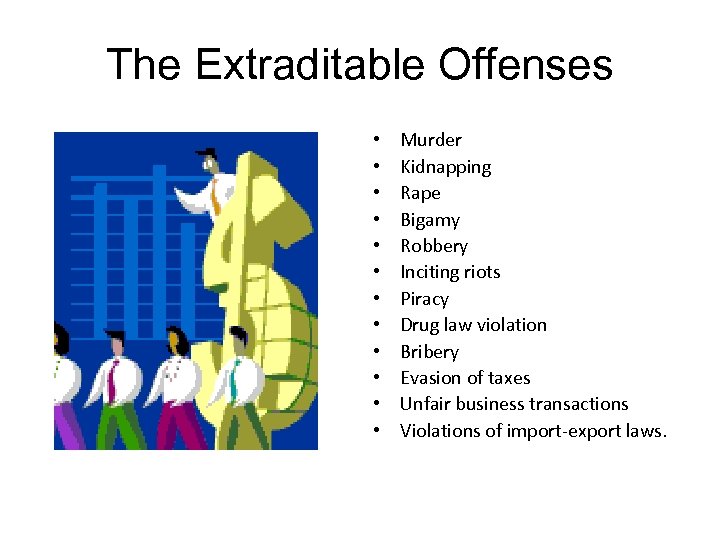 The Extraditable Offenses • • • Murder Kidnapping Rape Bigamy Robbery Inciting riots Piracy