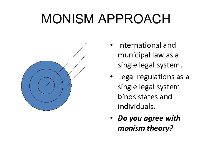 MONISM APPROACH • International and municipal law as a single legal system. • Legal