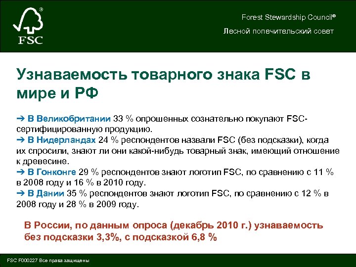 Forest Stewardship Council® Лесной попечительский совет Узнаваемость товарного знака FSC в мире и РФ