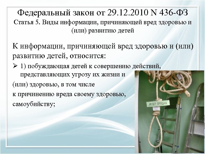 Федеральный закон от 29. 12. 2010 N 436 -ФЗ Статья 5. Виды информации, причиняющей