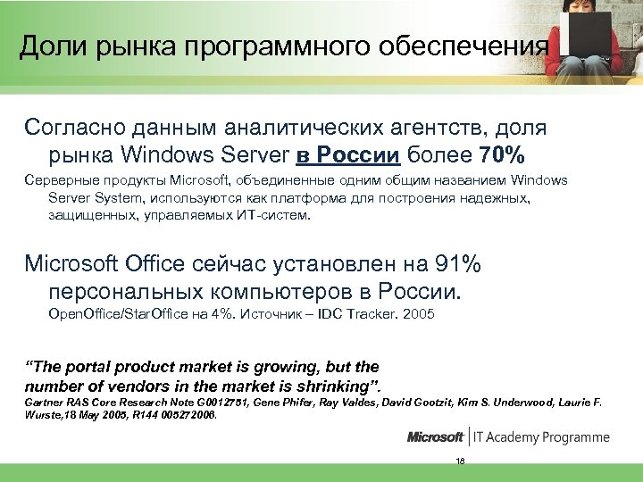 Доли рынка программного обеспечения Согласно данным аналитических агентств, доля рынка Windows Server в России