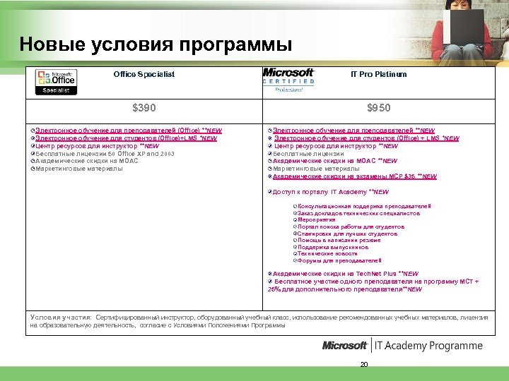 Новые условия программы Office Specialist IT Pro Platinum $390 $950 Электронное обучение для преподавателей