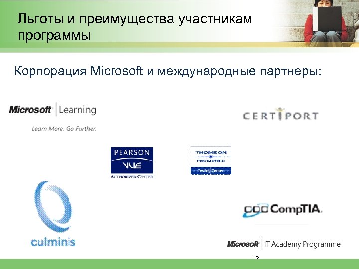 Льготы и преимущества участникам программы Корпорация Microsoft и международные партнеры: 22 