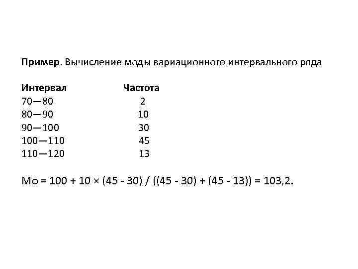 Пример. Вычисление моды вариационного интервального ряда Интервал Частота 70— 80 2 80— 90 10