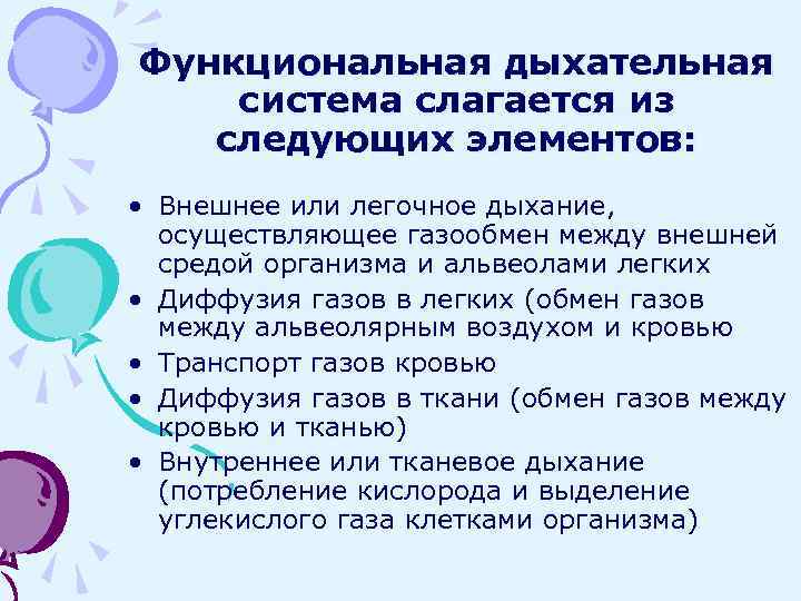 Функциональная дыхательная система слагается из следующих элементов: • Внешнее или легочное дыхание, осуществляющее газообмен