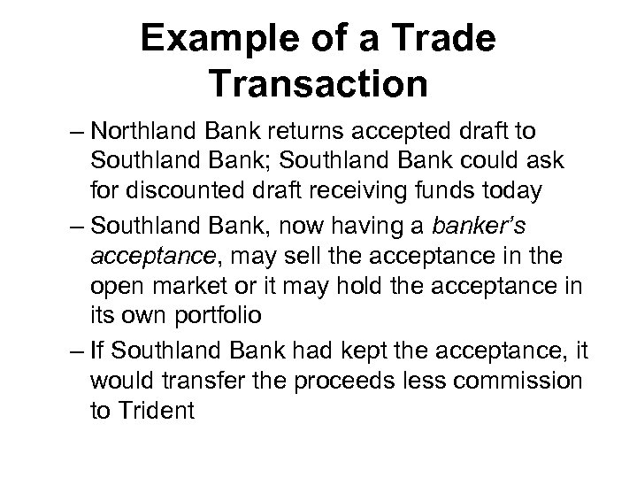 Example of a Trade Transaction – Northland Bank returns accepted draft to Southland Bank;