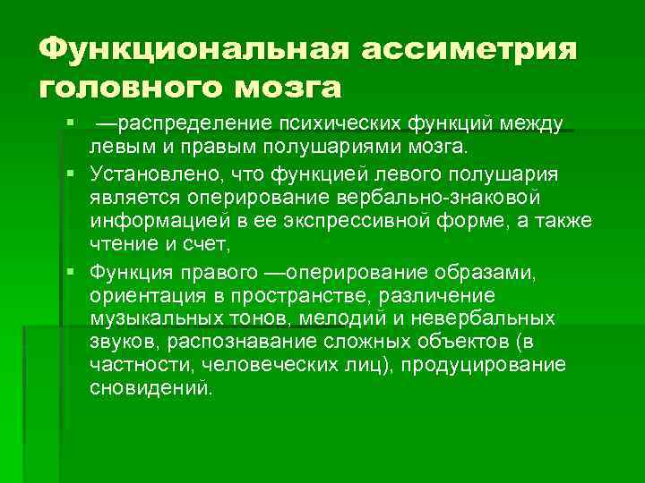 Функциональная ассиметрия головного мозга § —распределение психических функций между левым и правым полушариями мозга.
