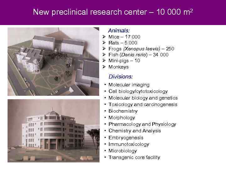 New preclinical research center – 10 000 m 2 Animals: Ø Ø Ø Mice