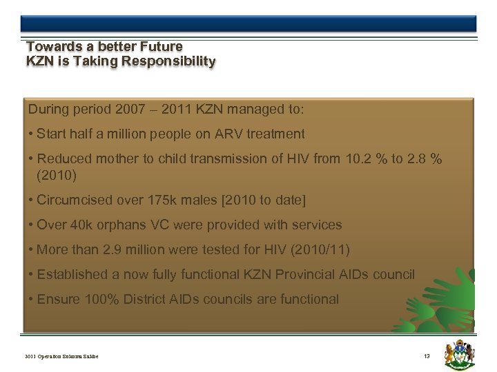 Towards a better Future KZN is Taking Responsibility During period 2007 – 2011 KZN