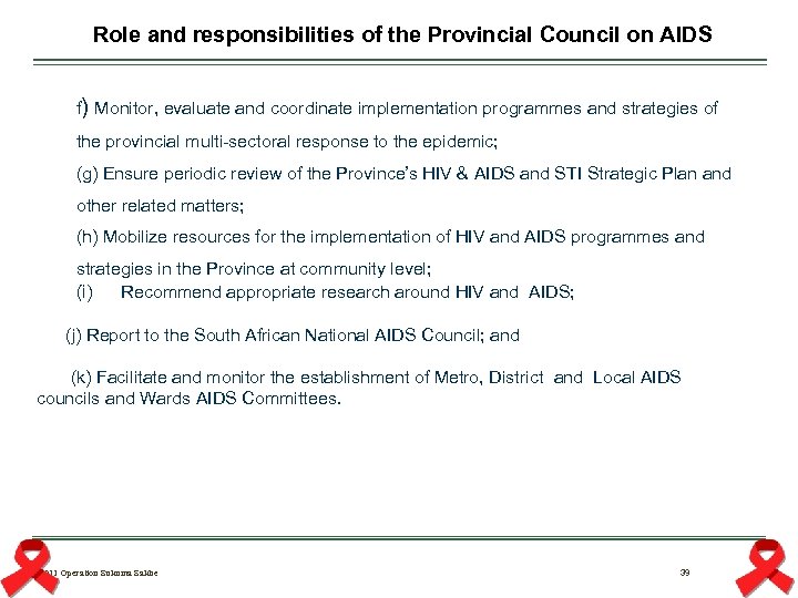 Role and responsibilities of the Provincial Council on AIDS f) Monitor, evaluate and coordinate