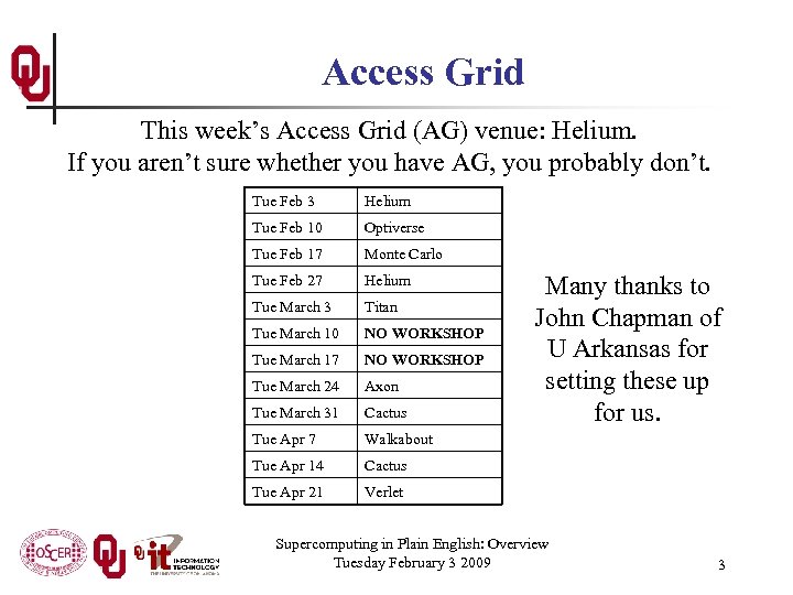 Access Grid This week’s Access Grid (AG) venue: Helium. If you aren’t sure whether