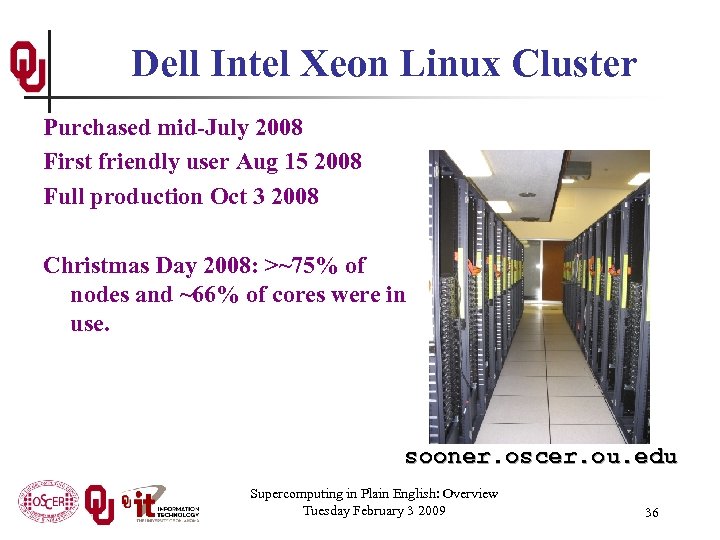 Dell Intel Xeon Linux Cluster Purchased mid-July 2008 First friendly user Aug 15 2008