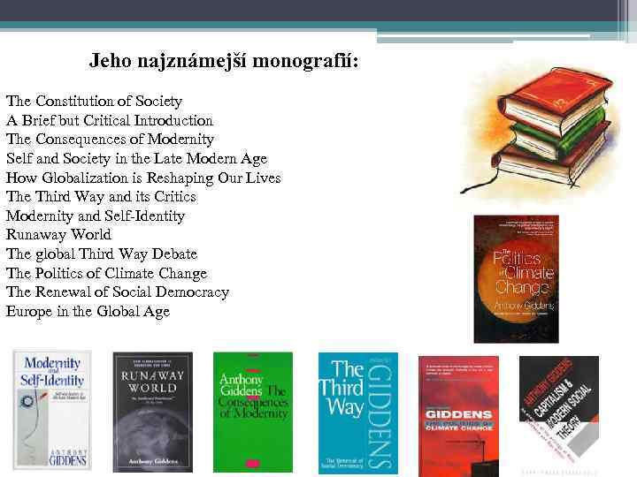 Jeho najznámejší monografií: The Constitution of Society A Brief but Critical Introduction The Consequences