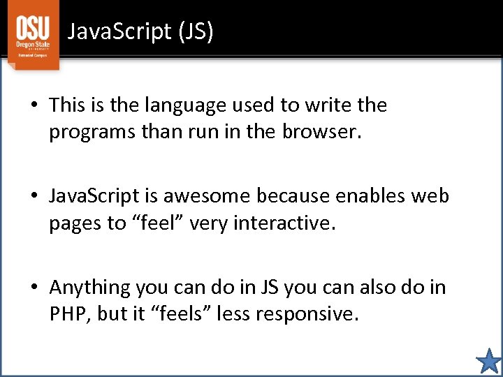 Java. Script (JS) • This is the language used to write the programs than