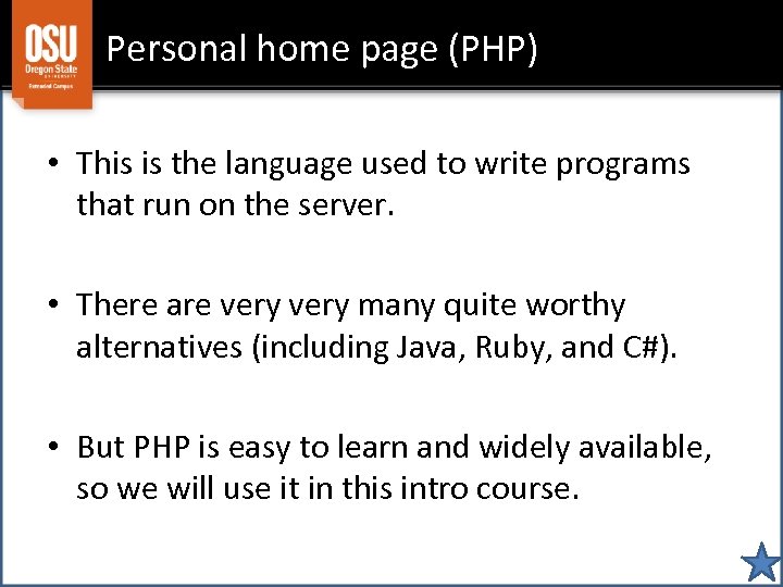Personal home page (PHP) • This is the language used to write programs that