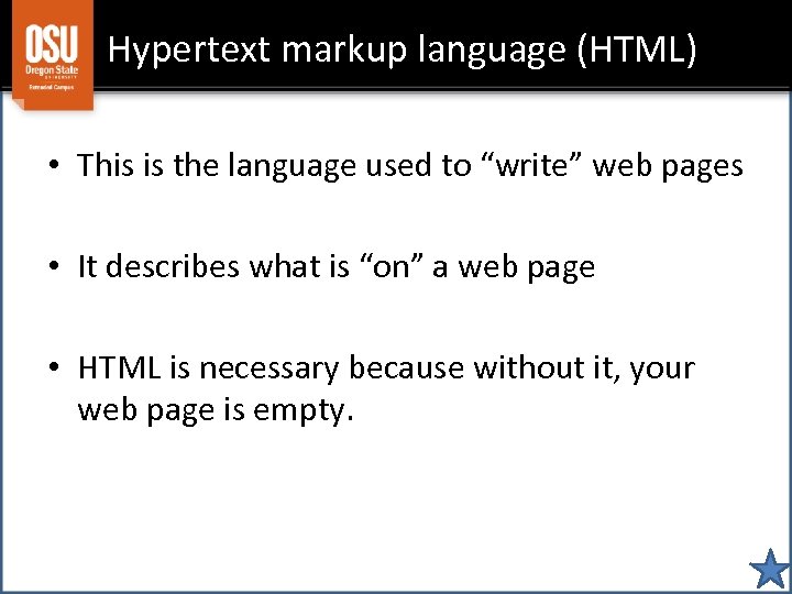 Hypertext markup language (HTML) • This is the language used to “write” web pages