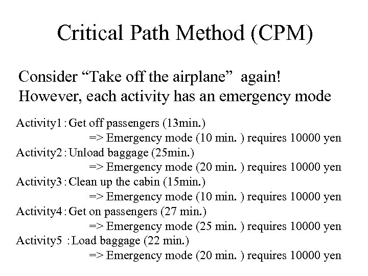Critical Path Method (CPM) Consider “Take off the airplane” again! However, each activity has