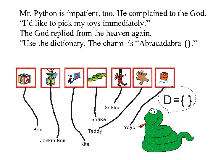 Mr. Python is impatient, too. He complained to the God. “I’d like to pick