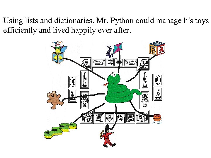 Using lists and dictionaries, Mr. Python could manage his toys efficiently and lived happily