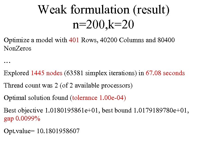 Weak formulation (result) n=200, k=20 Optimize a model with 401 Rows, 40200 Columns and