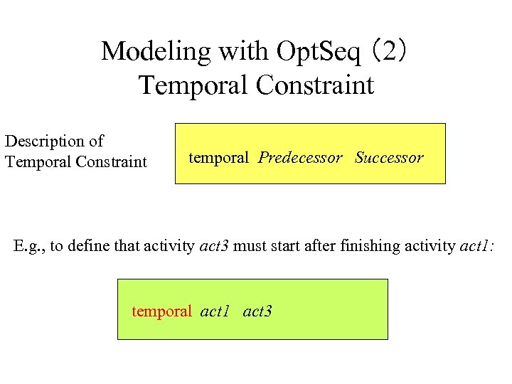 Modeling with Opt. Seq （2） Temporal Constraint Description of Temporal Constraint temporal Predecessor Successor