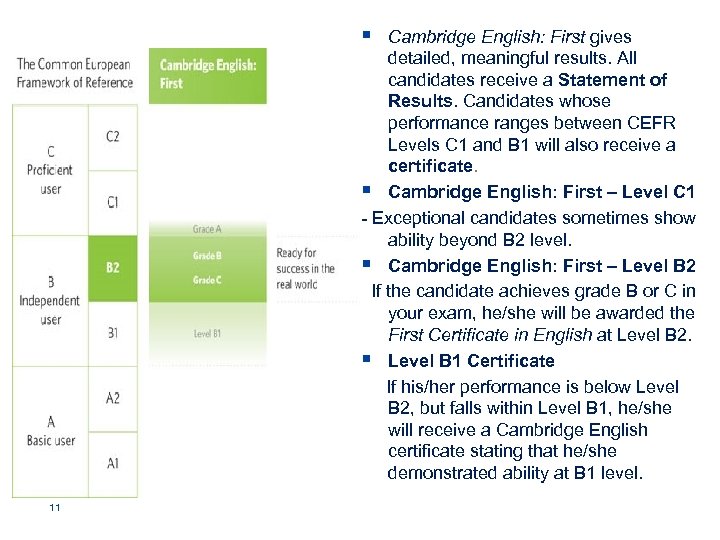 § Cambridge English: First gives detailed, meaningful results. All candidates receive a Statement of