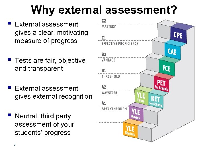 Why external assessment? § External assessment gives a clear, motivating measure of progress §