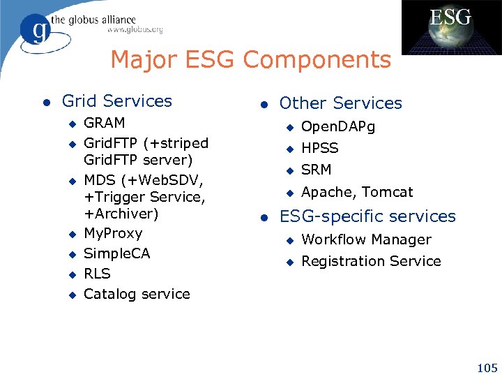 ESG Major ESG Components l Grid Services u u u u GRAM Grid. FTP