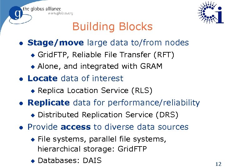 Building Blocks l Stage/move large data to/from nodes u u l Grid. FTP, Reliable