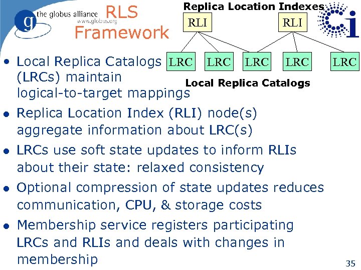 RLS Framework Replica Location Indexes RLI • Local Replica Catalogs LRC LRC (LRCs) maintain