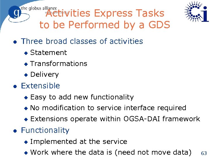Activities Express Tasks to be Performed by a GDS l Three broad classes of