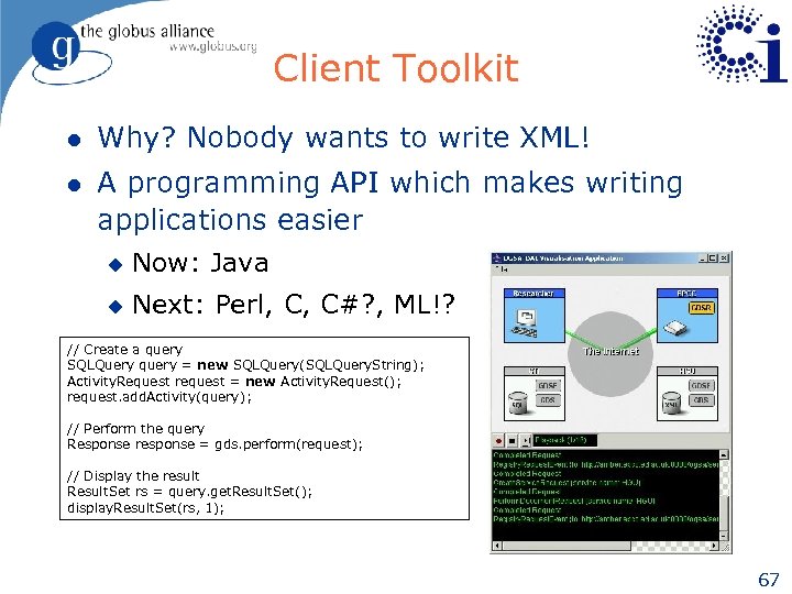Client Toolkit l Why? Nobody wants to write XML! l A programming API which