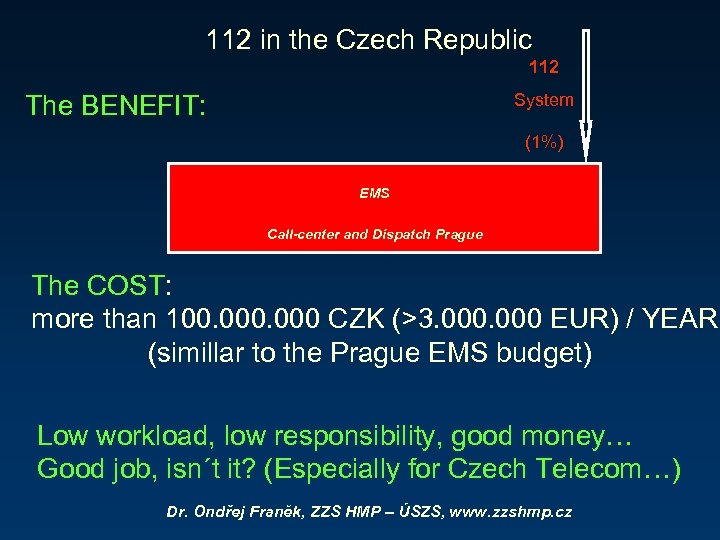 112 in the Czech Republic 112 The BENEFIT: System (1%) EMS Call-center and Dispatch
