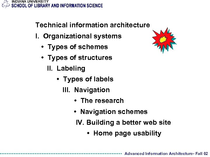 Technical information architecture I. Organizational systems • Types of schemes • Types of structures