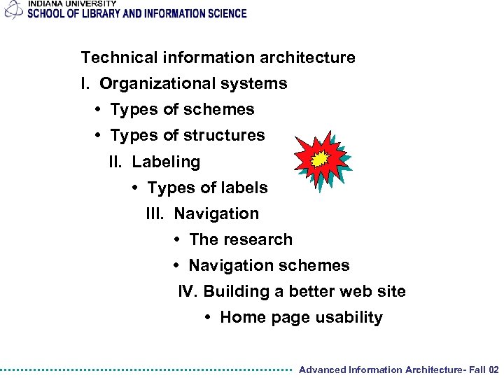 Technical information architecture I. Organizational systems • Types of schemes • Types of structures