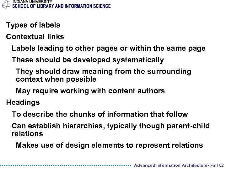 Types of labels Contextual links Labels leading to other pages or within the same