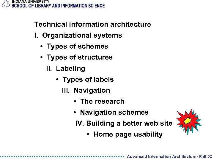 Technical information architecture I. Organizational systems • Types of schemes • Types of structures