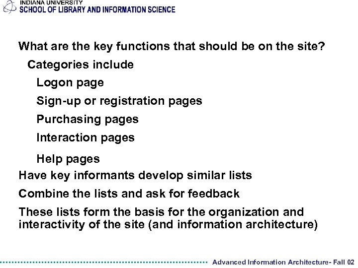 What are the key functions that should be on the site? Categories include Logon