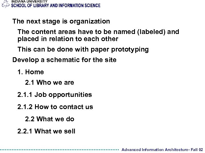 The next stage is organization The content areas have to be named (labeled) and