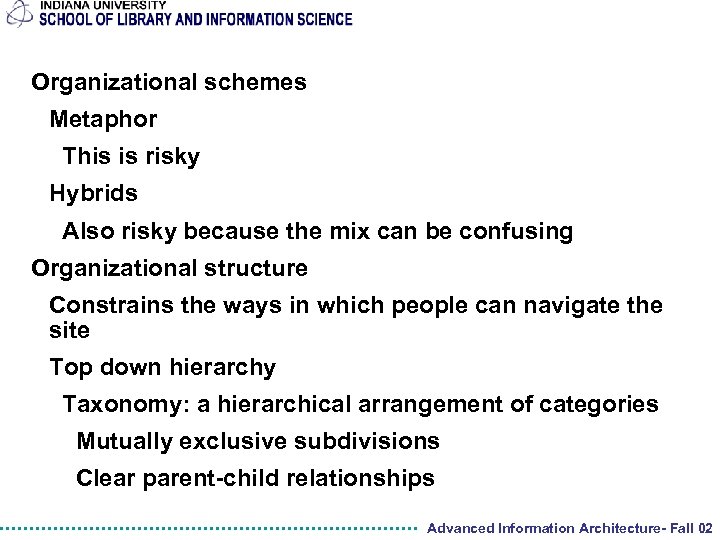 Organizational schemes Metaphor This is risky Hybrids Also risky because the mix can be