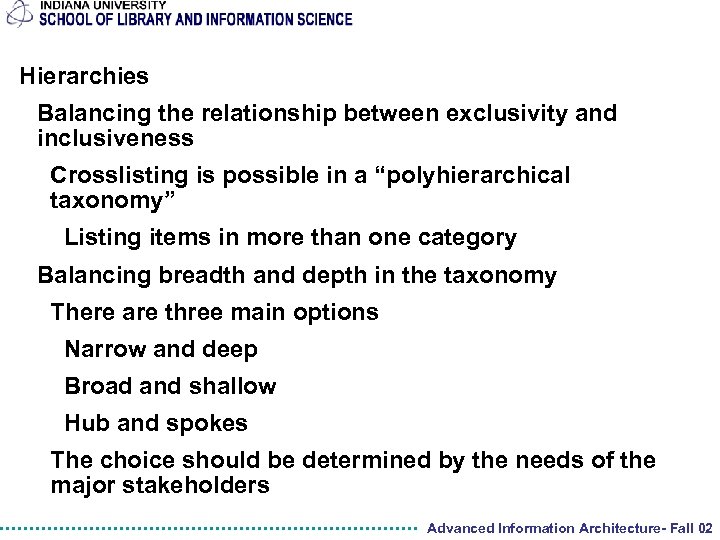 Hierarchies Balancing the relationship between exclusivity and inclusiveness Crosslisting is possible in a “polyhierarchical