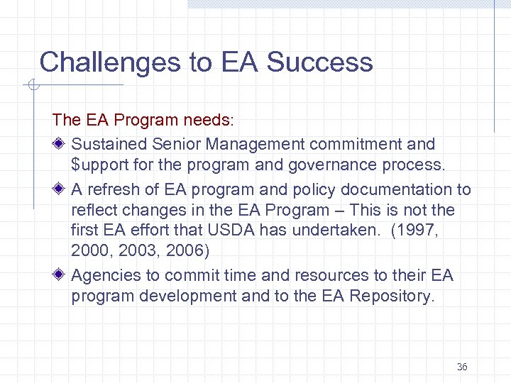 Challenges to EA Success The EA Program needs: Sustained Senior Management commitment and $upport