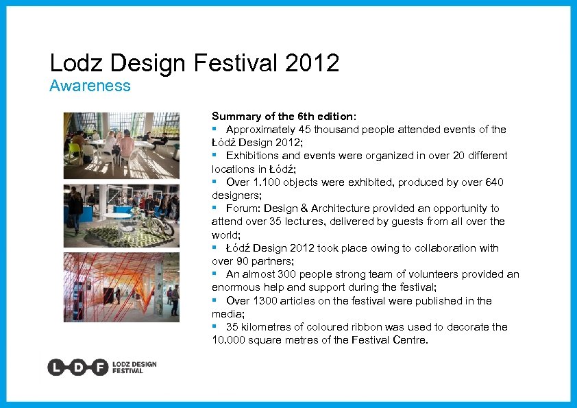 Lodz Design Festival 2012 Awareness Summary of the 6 th edition: § Approximately 45