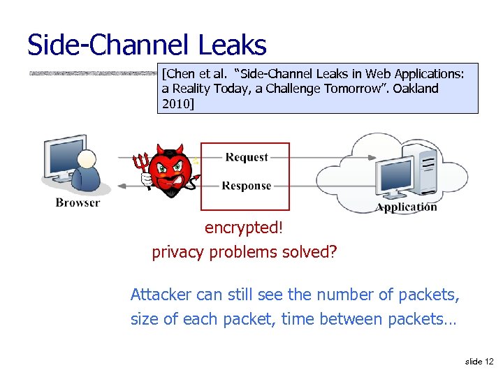 Side-Channel Leaks [Chen et al. “Side-Channel Leaks in Web Applications: a Reality Today, a