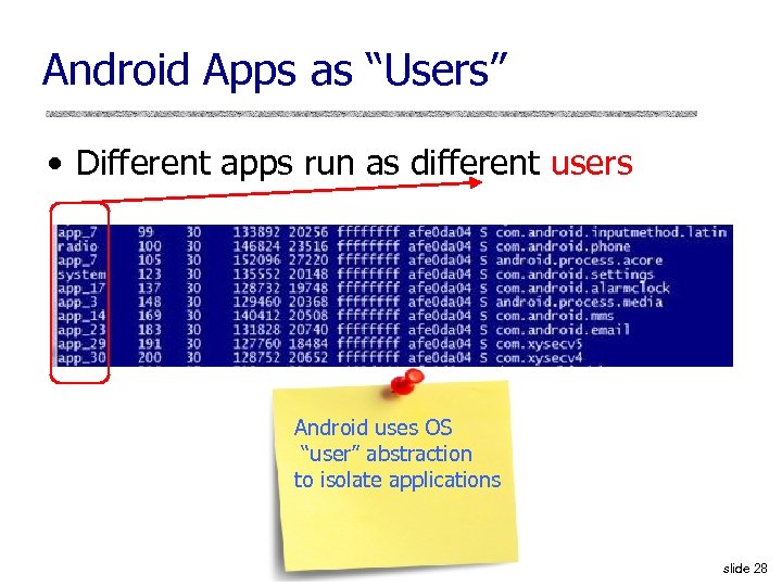 Android Apps as “Users” • Different apps run as different users Android uses OS