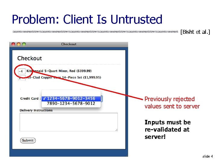Problem: Client Is Untrusted [Bisht et al. ] Previously rejected values sent to server