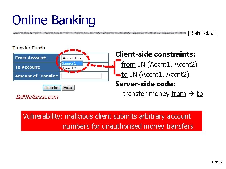 Online Banking [Bisht et al. ] Self. Reliance. com Client-side constraints: from IN (Accnt