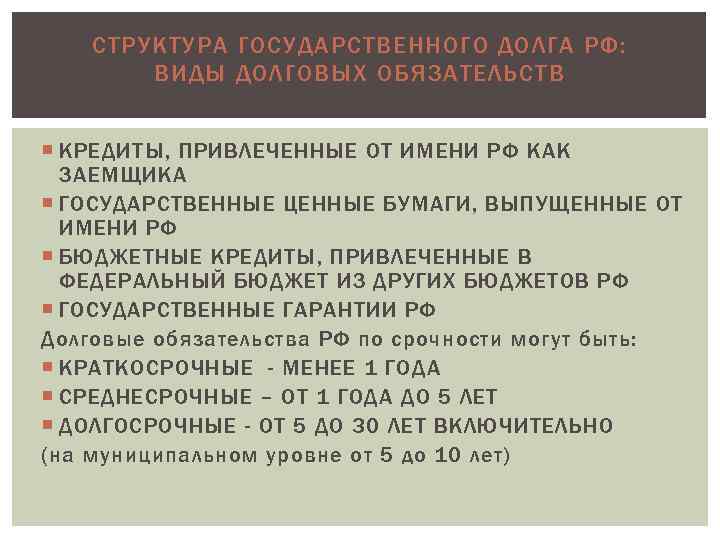 СТРУКТУРА ГОСУДАРСТВЕННОГО ДОЛГА РФ: ВИДЫ ДОЛГОВЫХ ОБЯЗАТЕЛЬСТВ КРЕДИТЫ, ПРИВЛЕЧЕННЫЕ ОТ ИМЕНИ РФ КАК ЗАЕМЩИКА