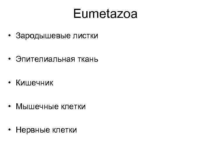 Eumetazoa • Зародышевые листки • Эпителиальная ткань • Кишечник • Мышечные клетки • Нервные