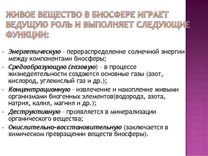  • • • Энергетическую – перераспределение солнечной энергии между компонентами биосферы; Средообразующую (газовую)